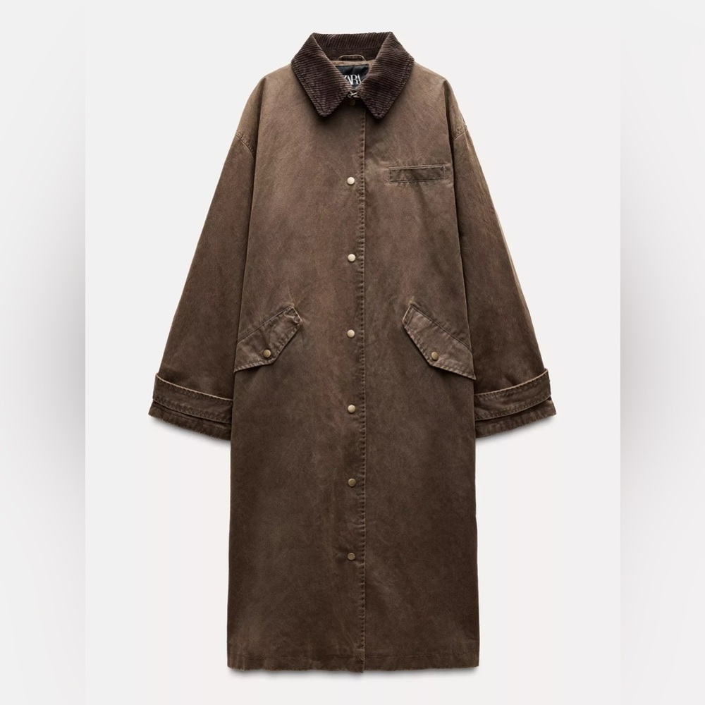 NWT Zara Chocolate Brown Barn Jacket Trench with Corduroy Collar